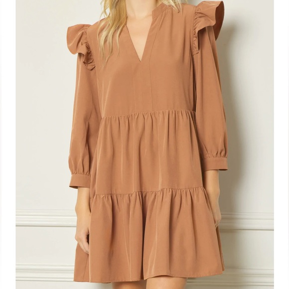 🆕 Ruffled Long Sleeve Tiered Dress in Camel - Picture 2 of 8